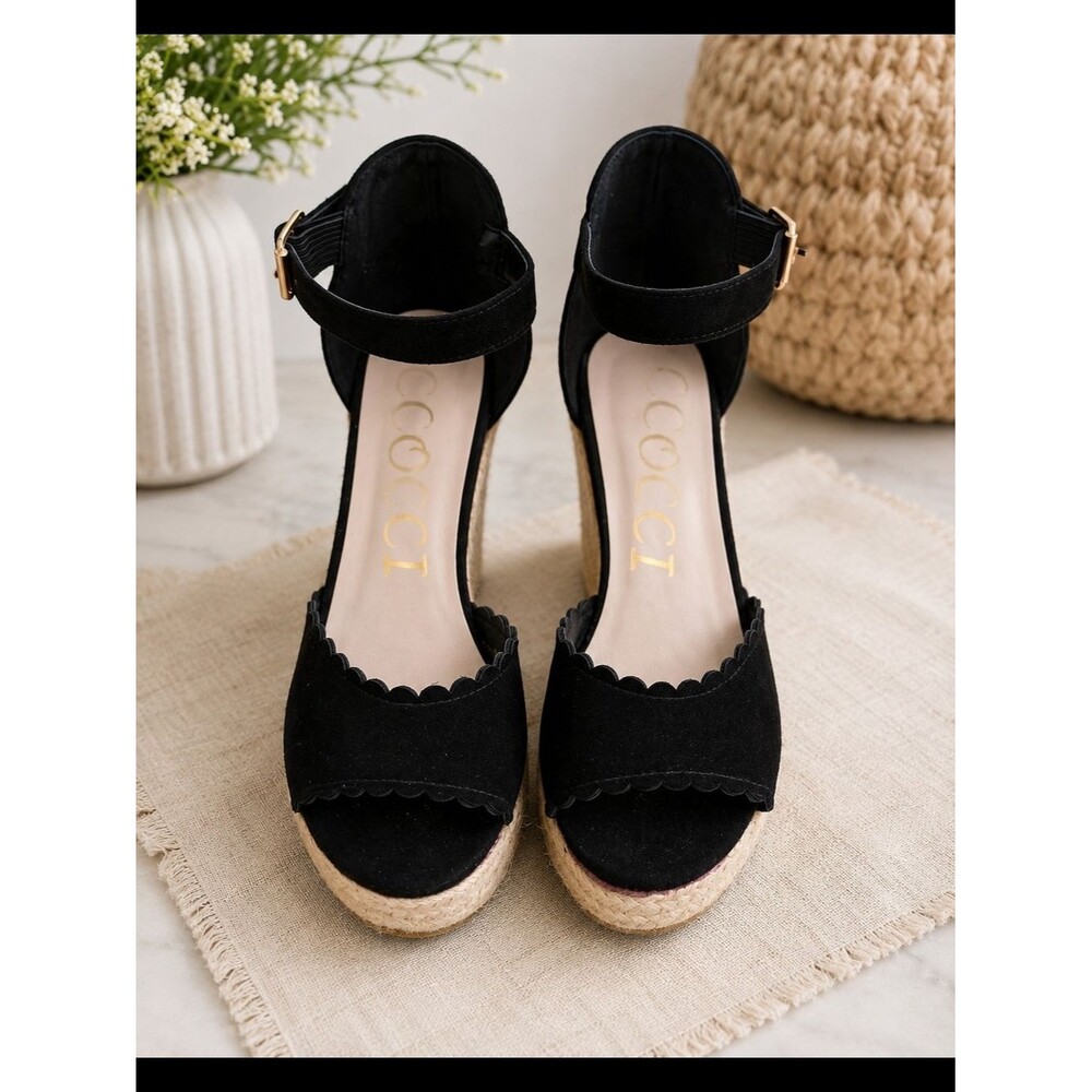 CCOCCI Black Suede Scalloped Espadrille Wedge Sandals